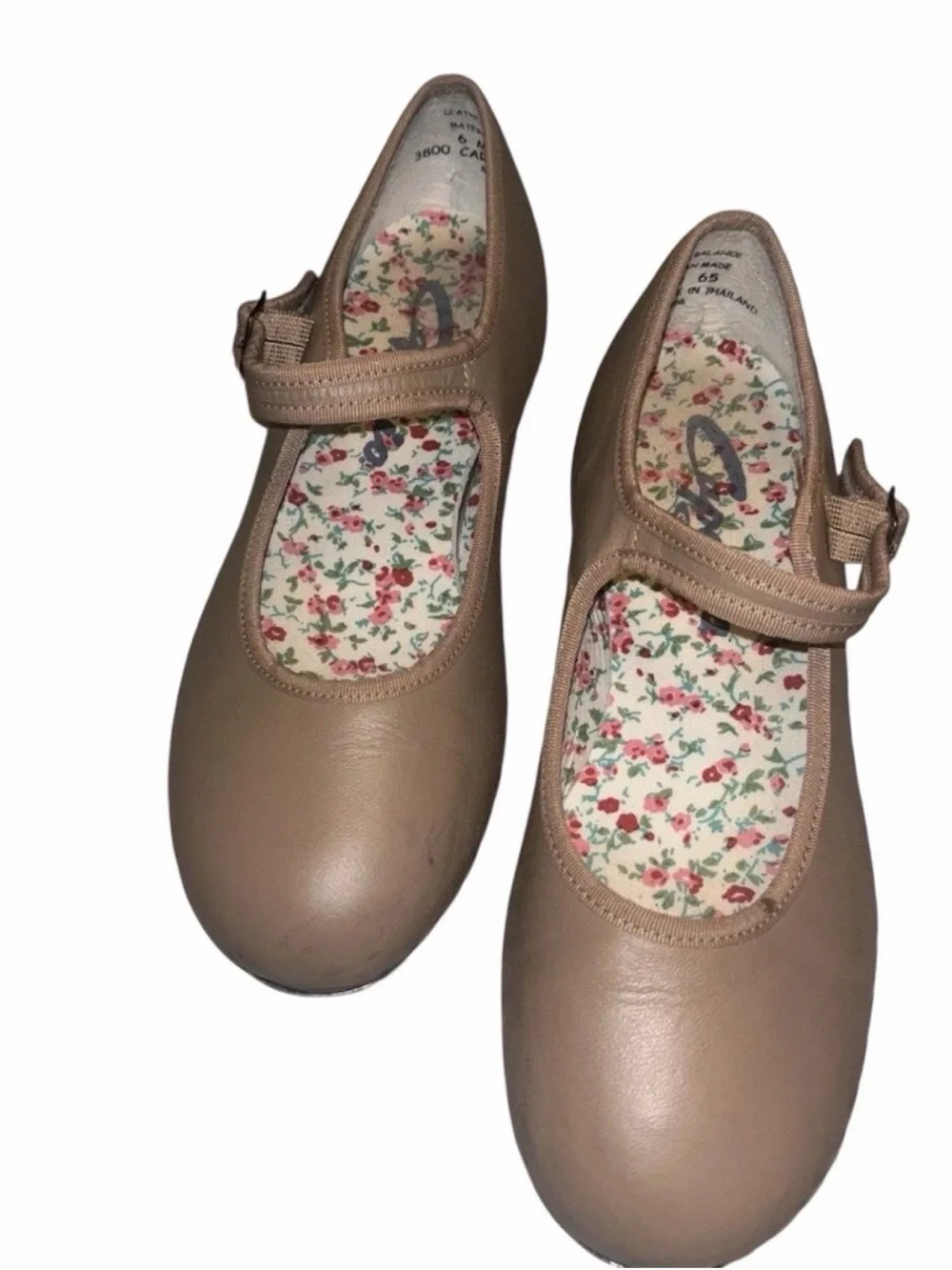 Capezio Girls' Tan Mary Jane Tap Flats with Floral Insole Dance